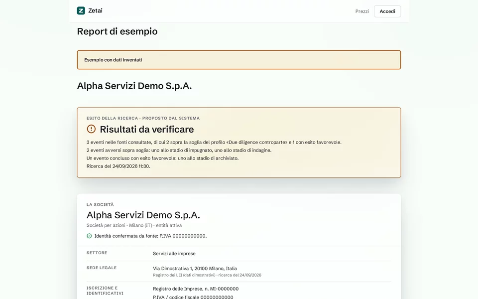 Report di esempio di Zetai su computer
